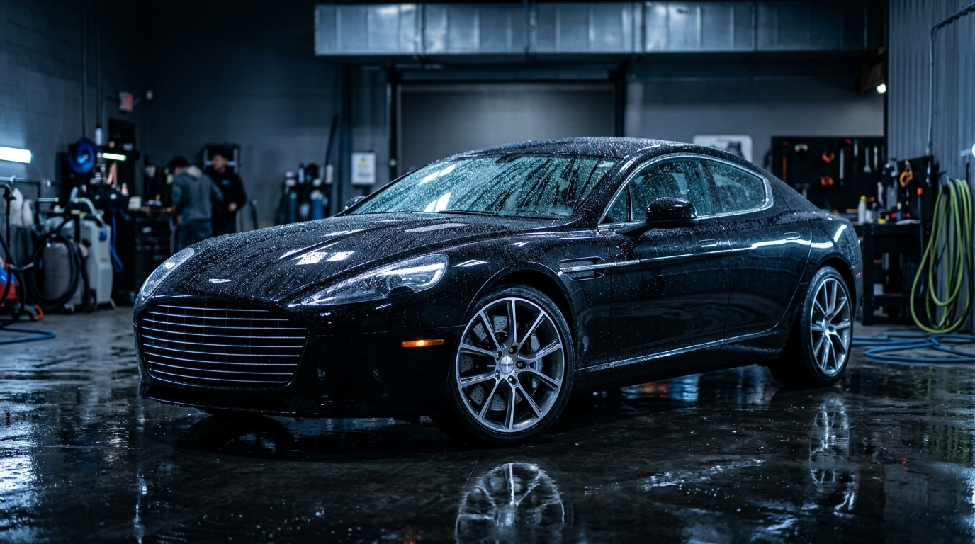 Luxury car with glistening water droplets