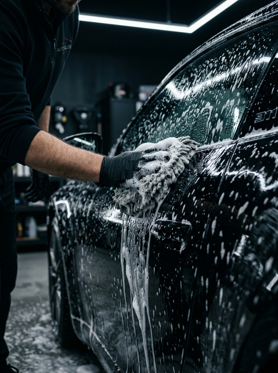 Professional detailer applying foam wash